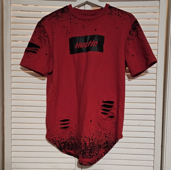 HUSTLE T-Shirt by Upstanders with $$$ back, distressed slits & long bottom Sz S - Picture 2 of 8